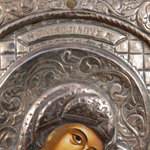 Silver icon of the Sweet-Kissing Virgin 950°, with wooden frame, like new