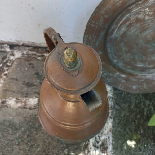 Copper jug and plate set used, old