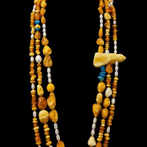 Handmade Amber Necklace with Turquoise and Pearls