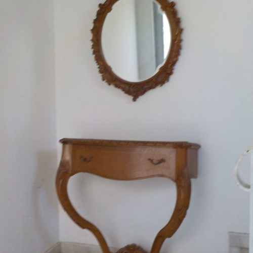Entrance furniture with oval mirror, handmade, solid cherry wood