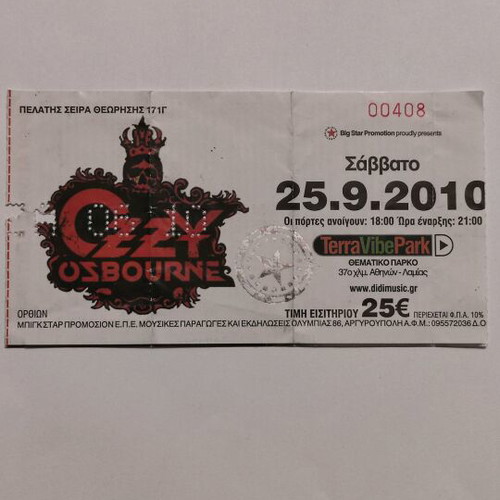 Ozzy Osbourne concert ticket like new, Terravibe Park 2010