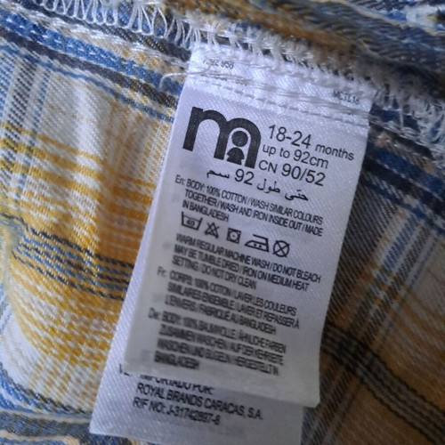 Mothercare toddler shirt used, long sleeve, yellow and blue plaid, 18-24 months