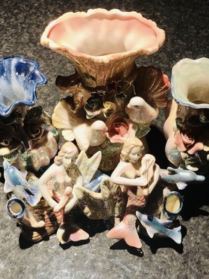 Decorative ceramic vases set with flowers, birds and mermaids, new