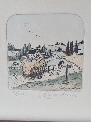 Laura Braun Hand-Coloured Etching 93/500, used, framed farm landscape