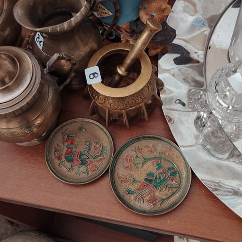 Vintage small decorative plates set with colorful enamel and birds like new