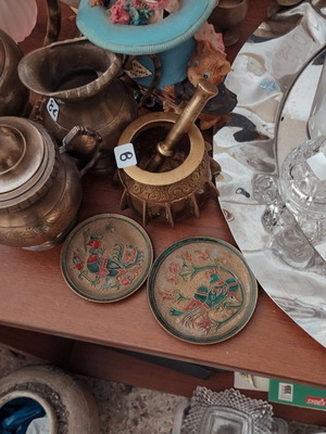 Vintage small decorative plates set with colorful enamel and birds like new