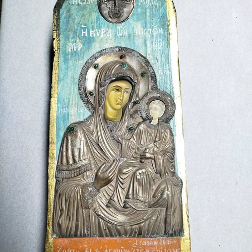 Handmade Orthodox Icon of Virgin Mary with Silver 950