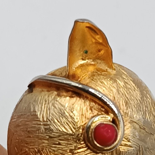Vintage Jelly Belly Cat Brooch used, mid century 1960, gold with blue cabochon
