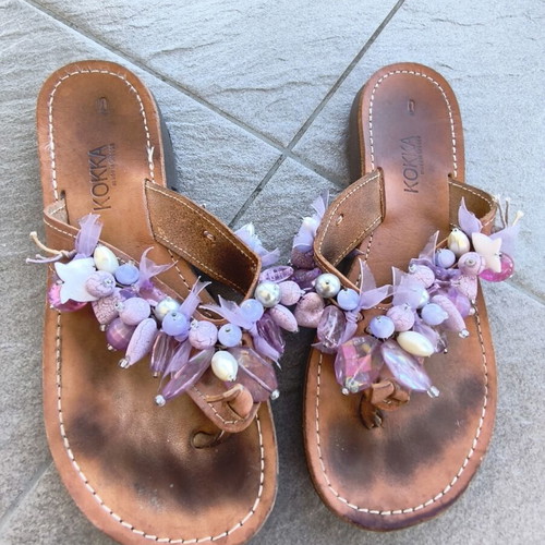 Leather sandals with beads used, purple, size 39