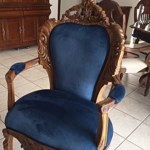 Handmade Victorian-style living room set, six pieces, blue velvet
