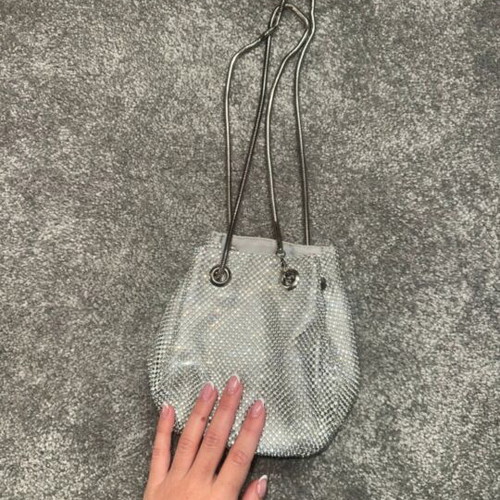 Evening bag new, silver with strass and adjustable strap