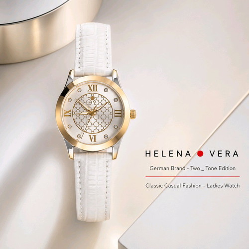 Helena Vera Elegant Women's Quartz Watch, White Leather Strap