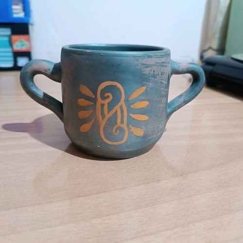 Handmade ceramic mug with two handles like new