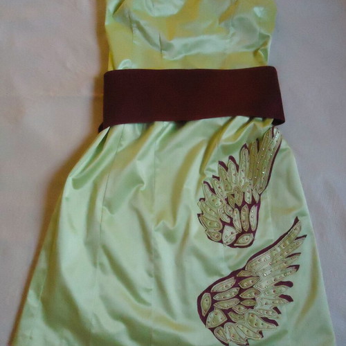 Evening dress L green purple strapless knee-length like new