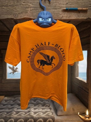 Camp Half-Blood T-shirt new, orange with Pegasus print