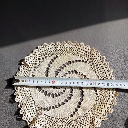 Vintage handmade crochet doily used, beige spiral design 25 cm