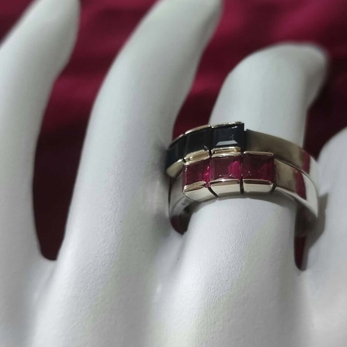 Silver and gold rings like new with red and blue princess cut zircon