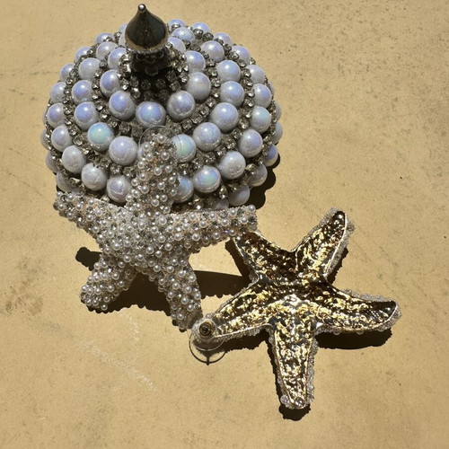 Starfish earrings new with pearls and zircon, gold tone