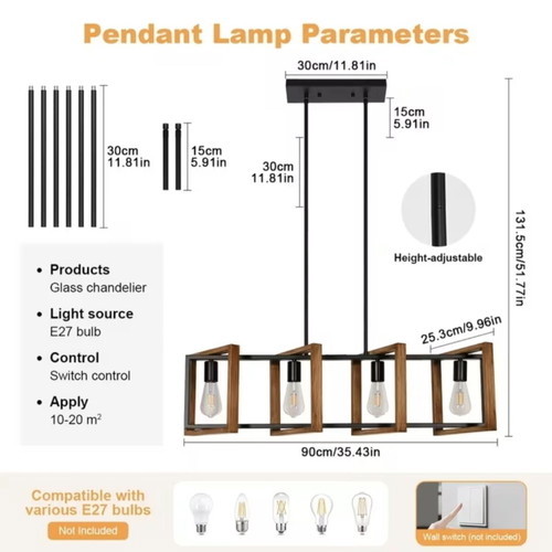 Pendant ceiling light with 4 E27 sockets, new, black metal and wood finish