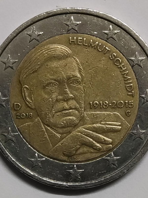 Паметна 2€ монета 2018 Helmut Schmidt употребявана, Германия