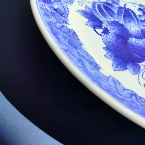 Faience platter used, large 32 cm plate with blue pumpkin design