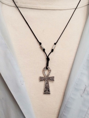 Men's Ankh pendant on black snake cord new, silver