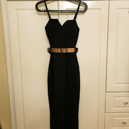 One-piece evening jumpsuit used, small, dark blue with gold belt
