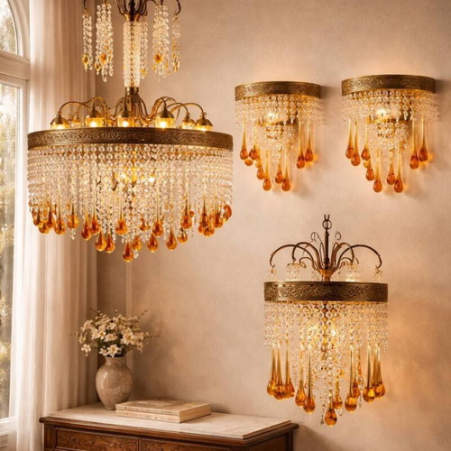 Vintage lighting set used with Murano crystals, chandeliers and wall sconces