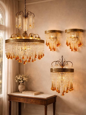 Vintage lighting set used with Murano crystals, chandeliers and wall sconces