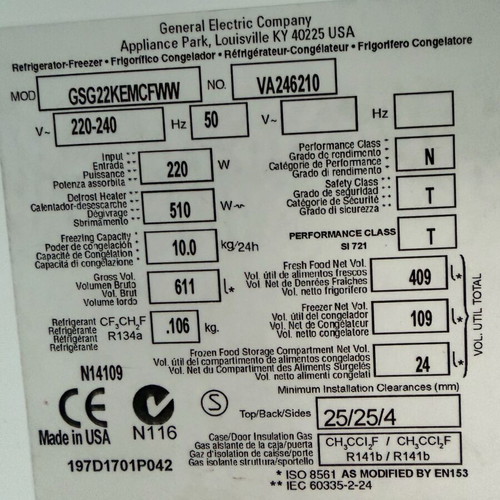 General Electric used parts for GSG22KEMCFWW side-by-side refrigerator