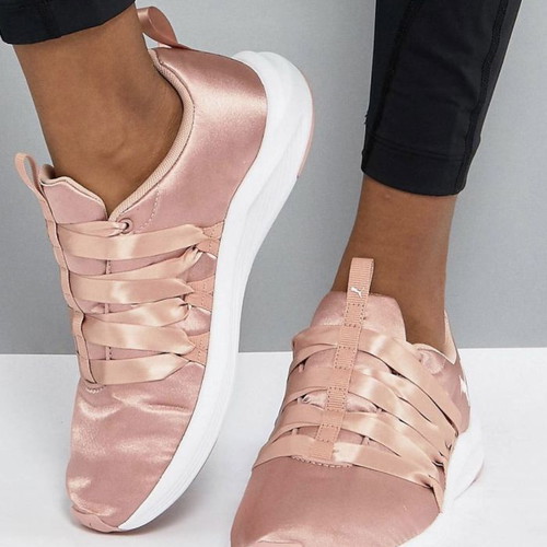Puma satin sneakers used, size 36, dusky pink with ribbons
