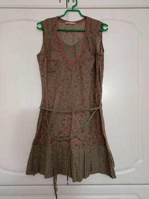 Lynne Khaki Floral Summer Dress Medium 100% Cotton Like New