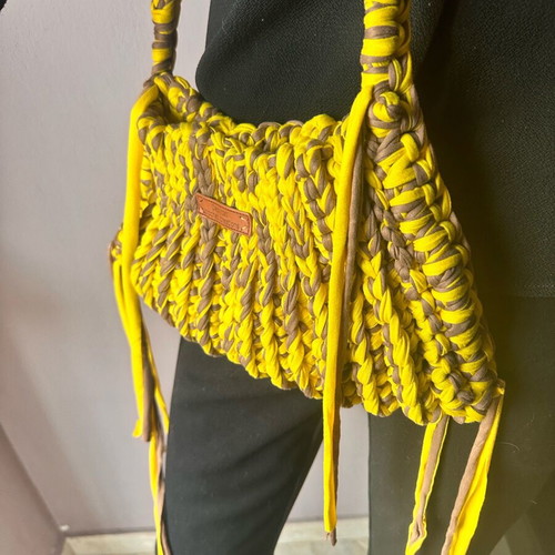 Handmade crochet shoulder bag in yellow and brown