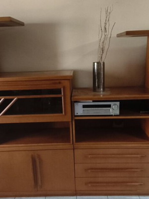 Sideboard like new with 2 glass cabinets in walnut finish, 320cm