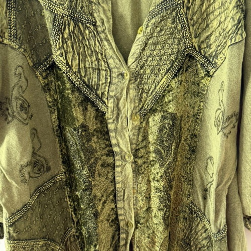 Vintage green patchwork embroidered boho blouse jacket, like new, size 2 XL