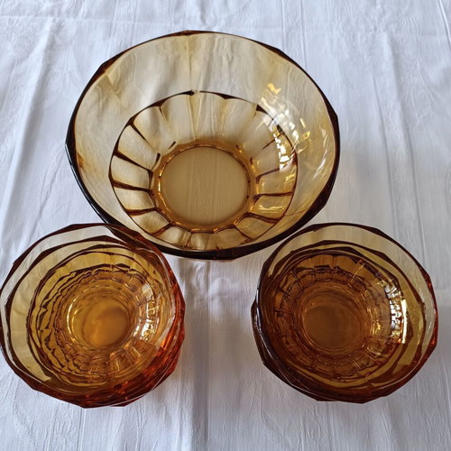 Art Déco vintage glass fruit salad set amber color like new, 11 pieces