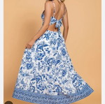 Maxi summer dress new, white with blue floral pattern