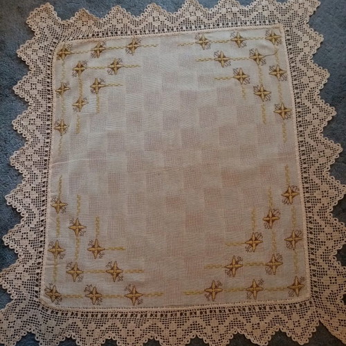 Handmade tablecloth unused embroidered with handmade lace