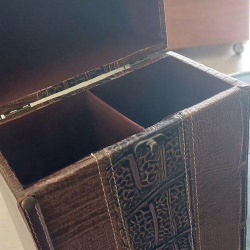 Double bottle holder new, wood, bronze and leather for 2 bottles