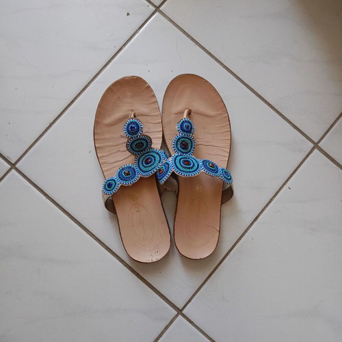 Beaded leather sandals used, size 38, blue and turquoise