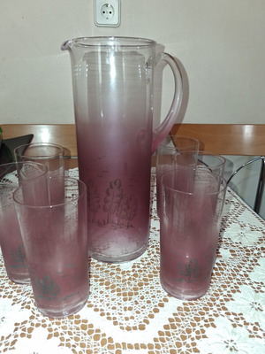 Vintage glass jug and 6 water glasses set used, decorative tree design