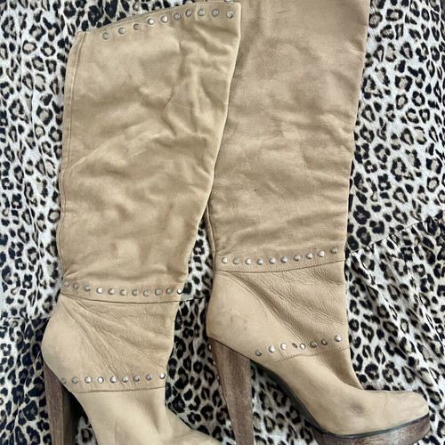 Leather knee-high boots with studs, beige, size 39