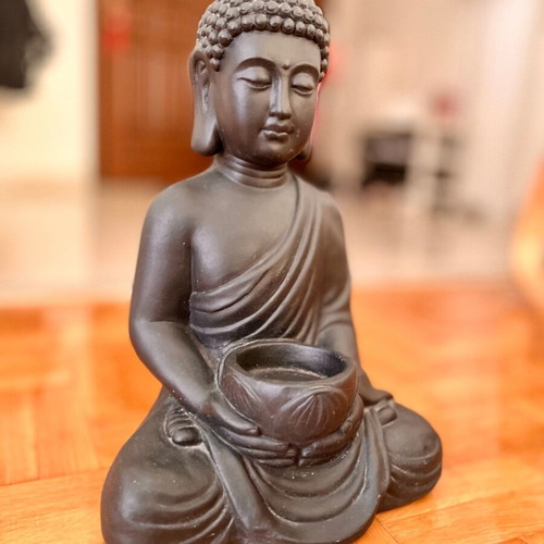 Buddha bust like new, gray-black, stone and resin candle holder