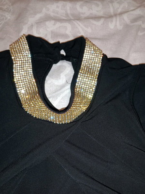 Black elastic short dress with rhinestones on neckline like new