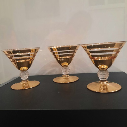 Vintage cocktail or sherbet glasses used, 1920-1950, gold stripes, ribbed stem