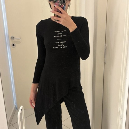 Bershka Black Asymmetric Long-Sleeve Blouse S with Minimal Print like new