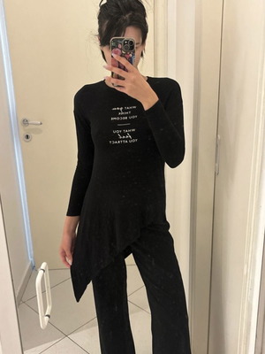 Bershka Black Asymmetric Long-Sleeve Blouse S with Minimal Print like new