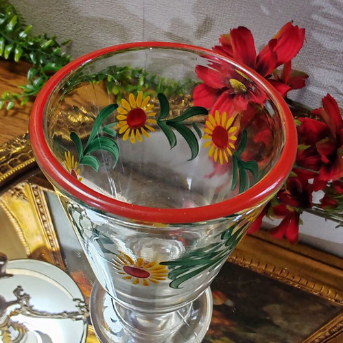 Retro pressed glass collector's cup, hand-painted sunflower design