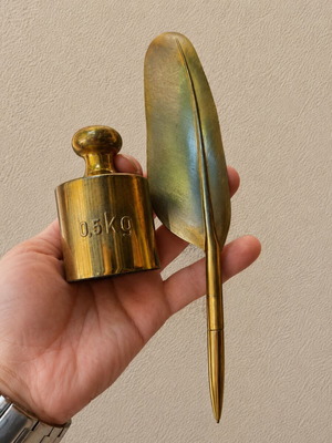 Vintage desk set with feather pen and brass base used