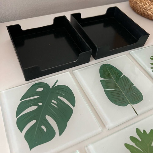 Glass coasters with cases, set of 7, new